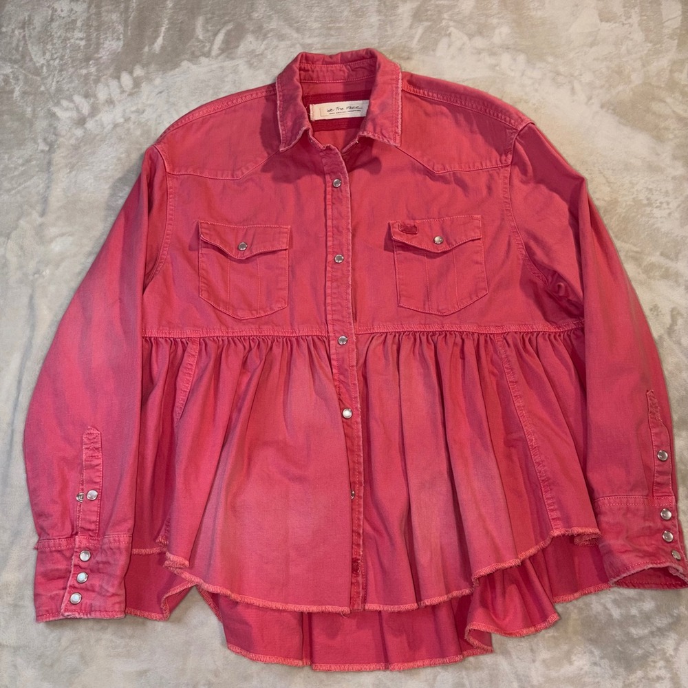 We The Free People Pink Western Peplum Snap Denim Shirt‎ Dylan Babydoll Small
